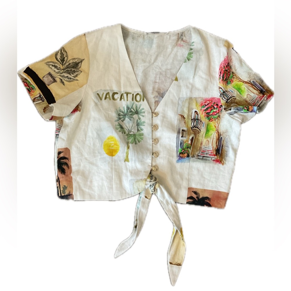 C&C California Vacation Print Tie-Front Blouse